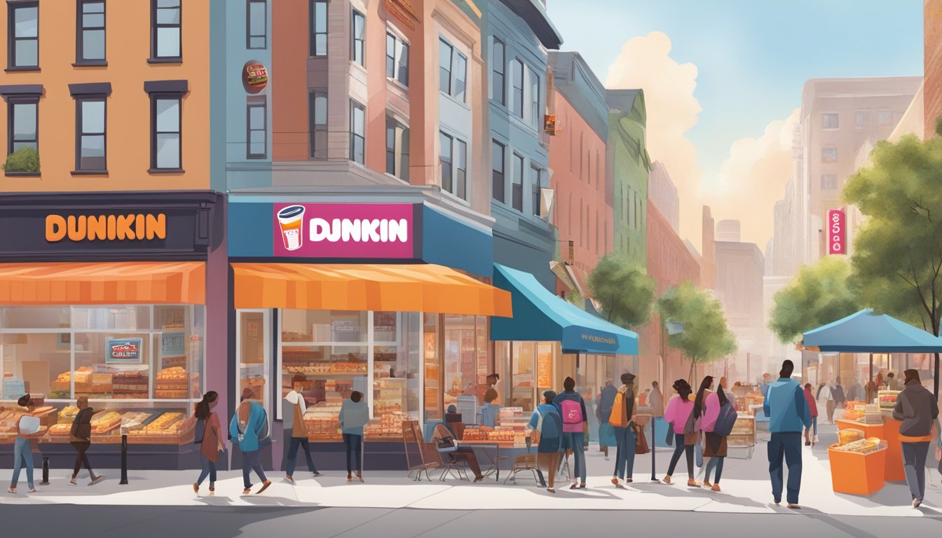 A bustling city street with Dunkin' Donuts and other brand logos visible on storefronts and food packaging. People enjoying breakfast items from various partnered brands