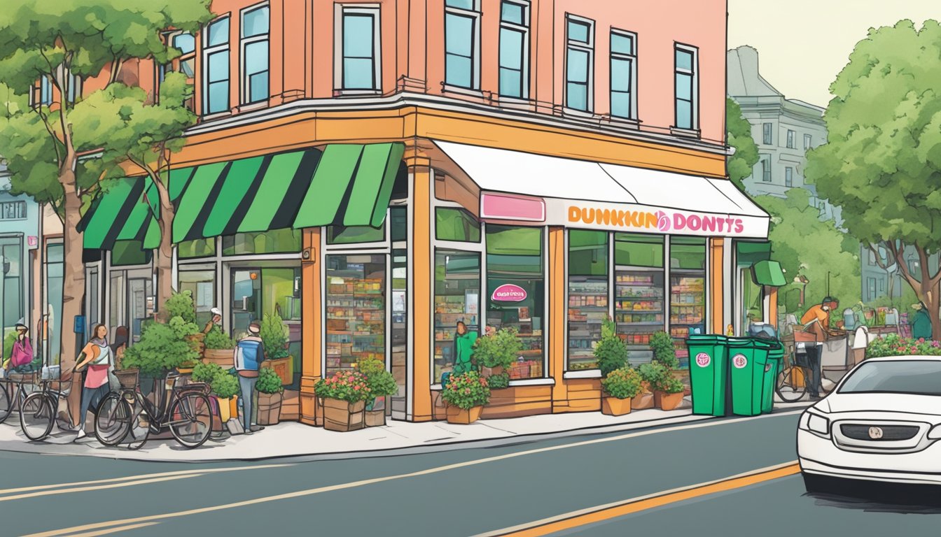 A bustling city street with a Dunkin' Donuts storefront, surrounded by lush greenery and recycling bins, showcasing the contrast between consumerism and sustainability