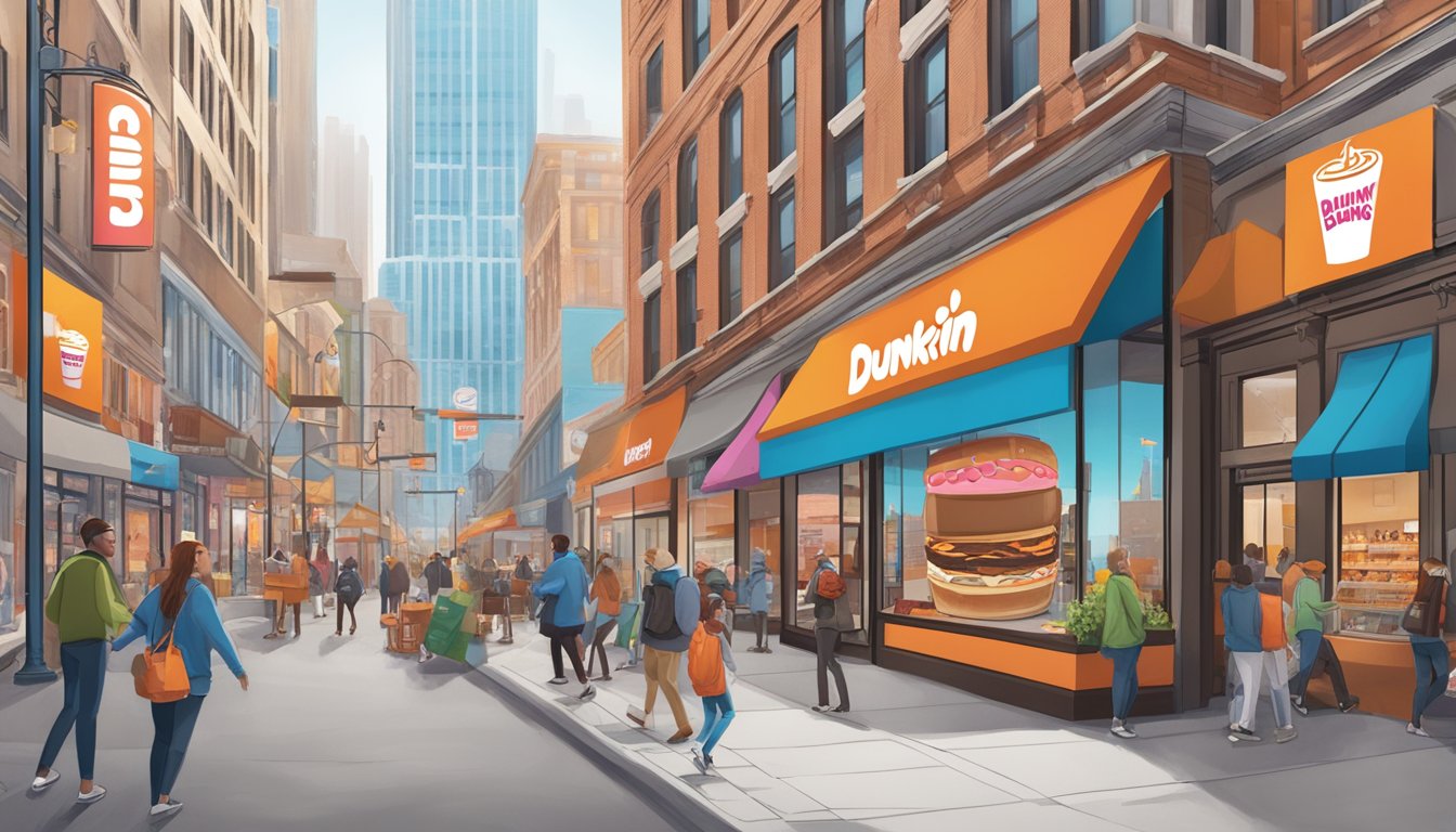 A bustling city street with Dunkin's logo prominently displayed on a storefront, surrounded by other brand logos for breakfast partnerships