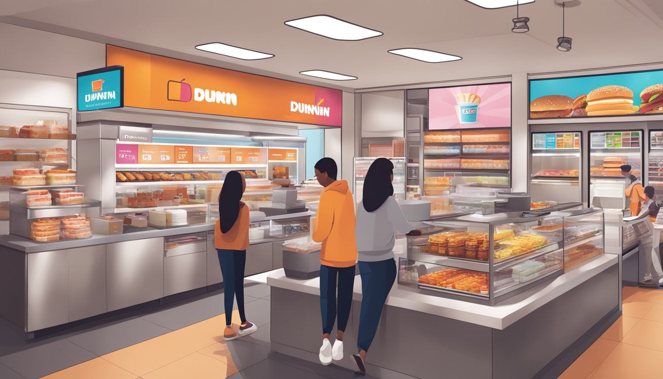 A bustling Dunkin' store with data analytics charts on the wall. Breakfast items from partner brands displayed on the counter