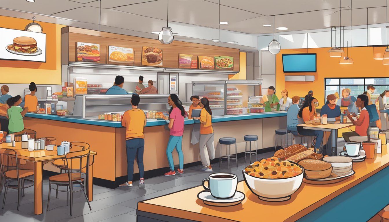 A bustling breakfast scene with Dunkin' partnering with other brands, showcasing a variety of food and beverage options. Tables filled with customers enjoying the assortment of offerings