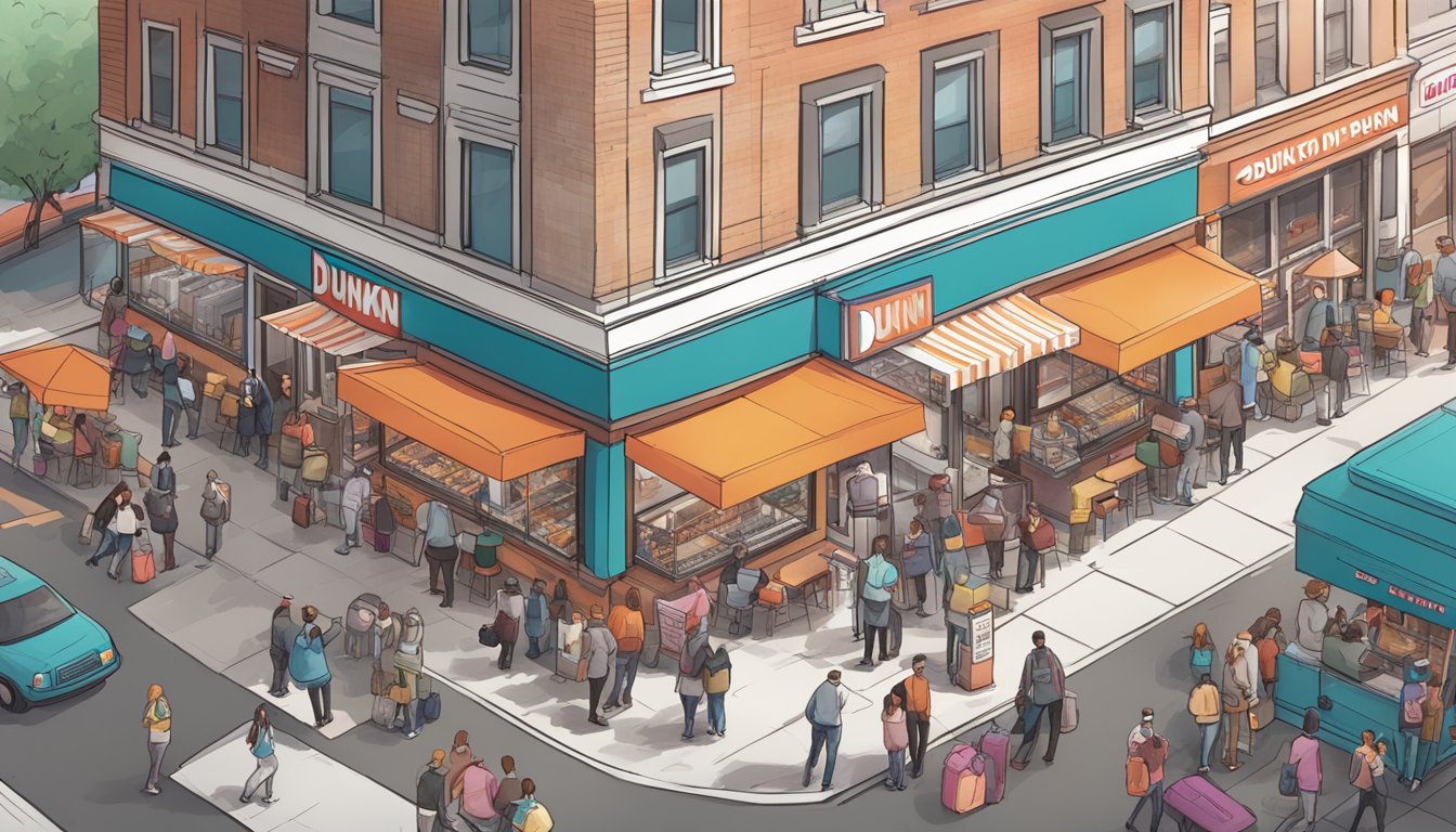 A bustling Dunkin' location with a long line of customers, surrounded by other businesses and busy city streets