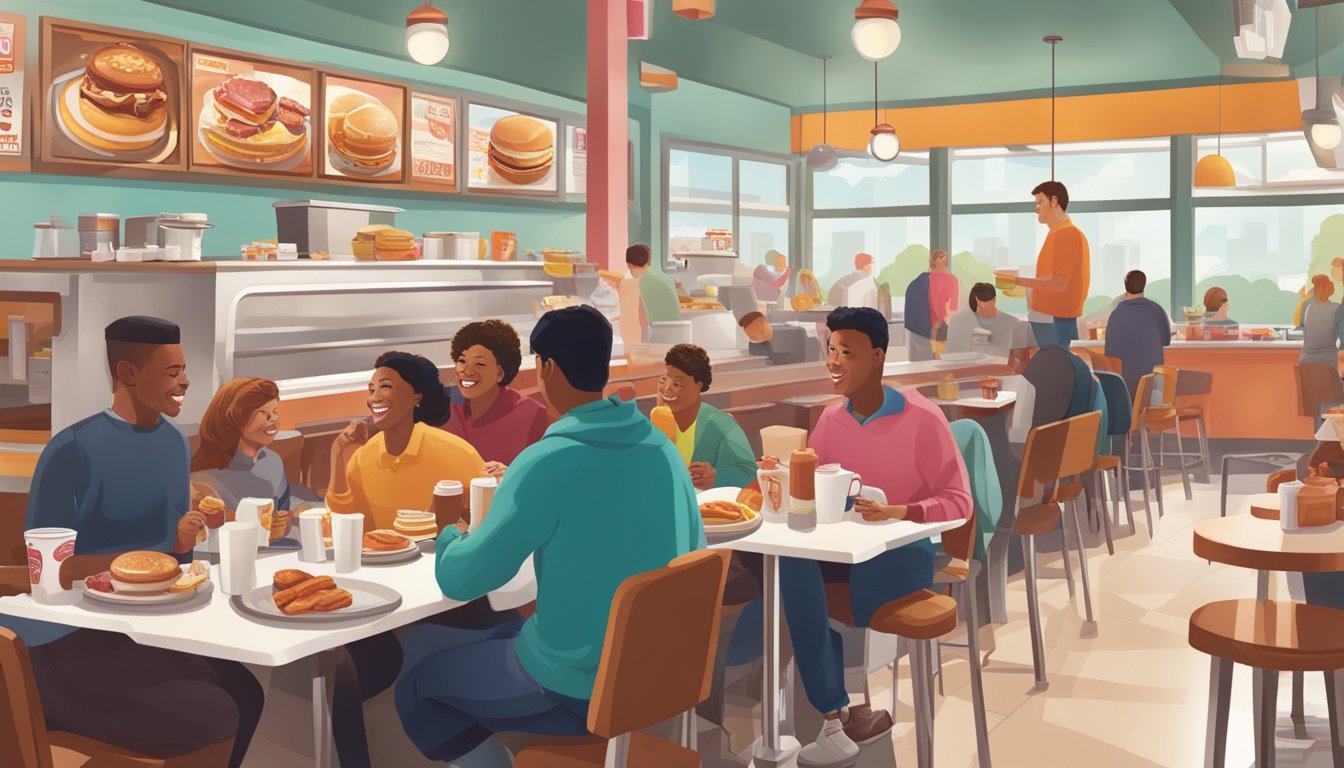 A bustling morning scene at a diner, with people enjoying Dunkin' products alongside traditional breakfast items like eggs and bacon