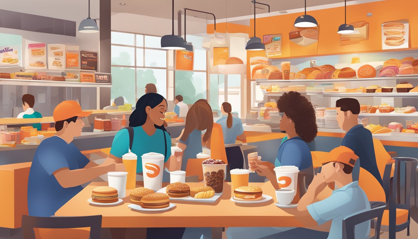 A bustling breakfast scene at a Dunkin' location with a variety of food and beverage offerings, showcasing the influence of Dunkin' on American breakfast habits