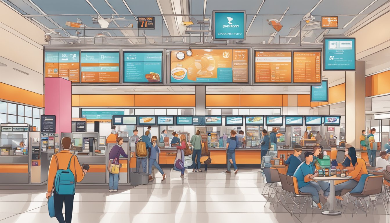 A bustling airport terminal with a Dunkin' kiosk surrounded by travelers grabbing coffee and breakfast items on the go