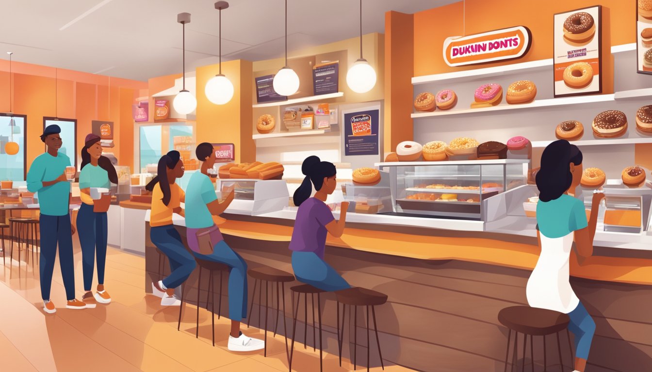 A bustling Dunkin' Donuts shop with a diverse group of customers enjoying breakfast items and coffee. The store is adorned with modern decor and branding