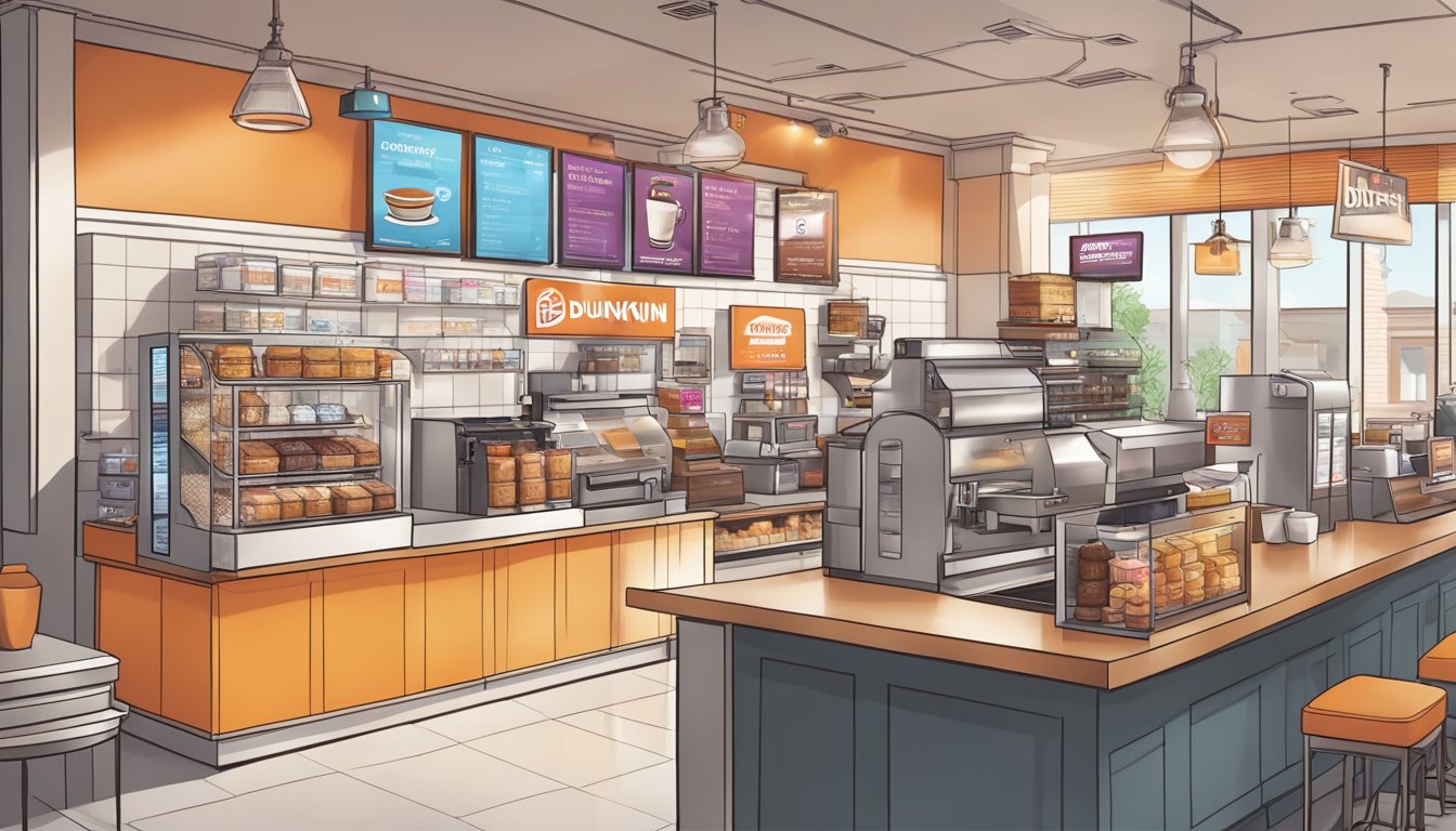 A bustling Dunkin' store with a mix of classic and modern decor, featuring traditional coffee brewing methods alongside high-tech ordering and payment systems