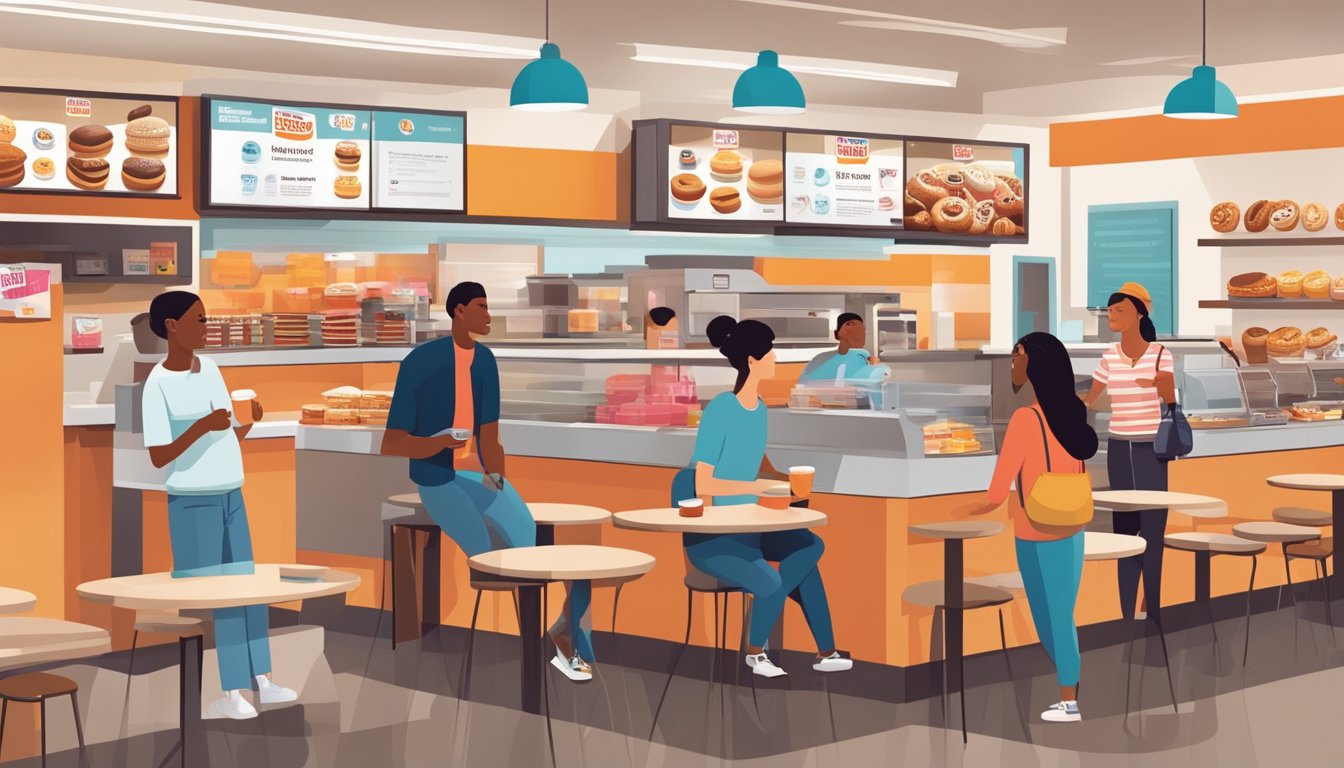 A bustling Dunkin' Donuts store with diverse customers enjoying breakfast items and coffee, reflecting the brand's widespread cultural impact on American breakfast habits