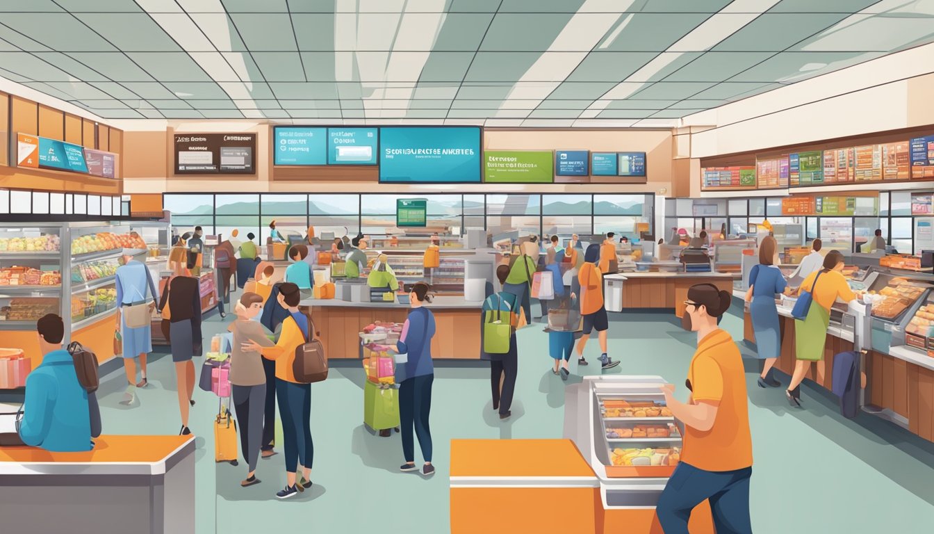 A bustling airport or travel center with a Dunkin' location, showing busy staff, customers, and various food and drink items