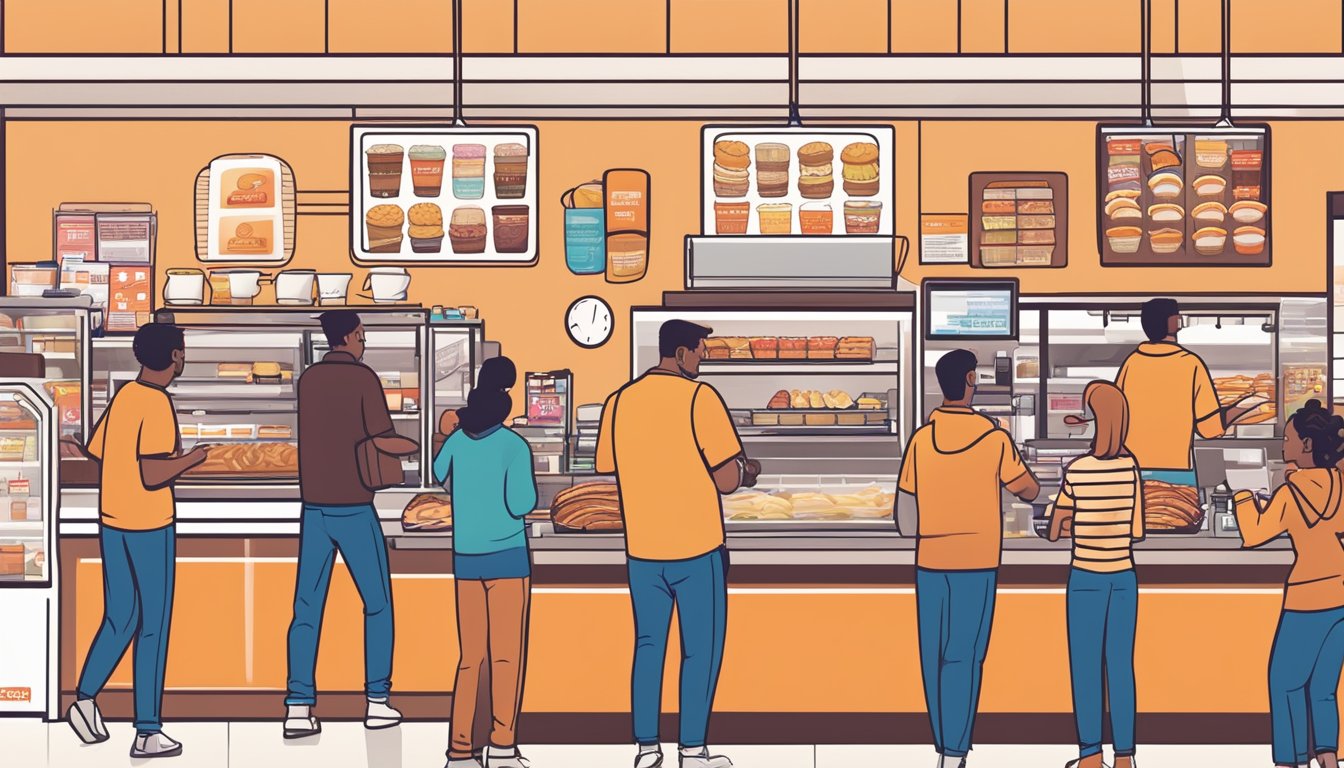 A bustling Dunkin' store with customers enjoying breakfast items and coffee, while employees work quickly behind the counter to keep up with the demand