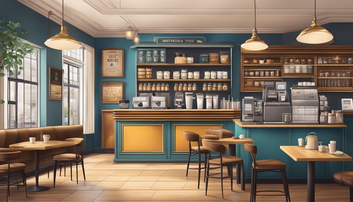 A modern coffee shop with traditional elements, such as vintage signage and classic furniture, alongside innovative technology like digital ordering kiosks and mobile app pickup stations