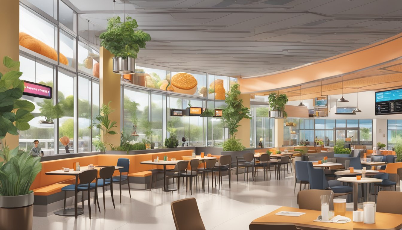 A bustling airport dining area with Dunkin' prominently featured, surrounded by eco-friendly decor and sustainable practices