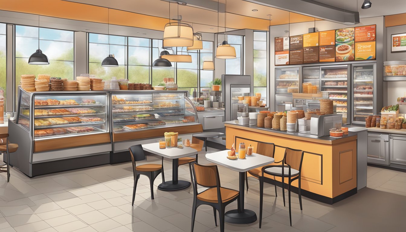 A bustling cafe with a variety of breakfast items on display, featuring Dunkin's brand evolution and localized menu offerings