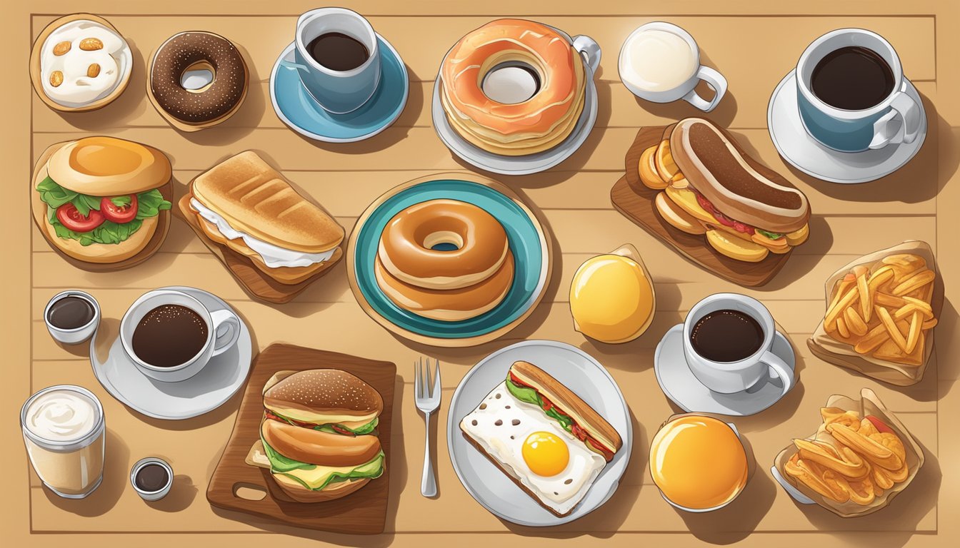 A colorful array of breakfast items, including coffee, donuts, and sandwiches, displayed on a menu board with various regional flavors and languages