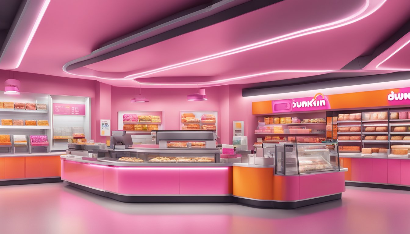 A modern Dunkin' store with classic pink and orange branding, surrounded by futuristic technology and sustainable design elements