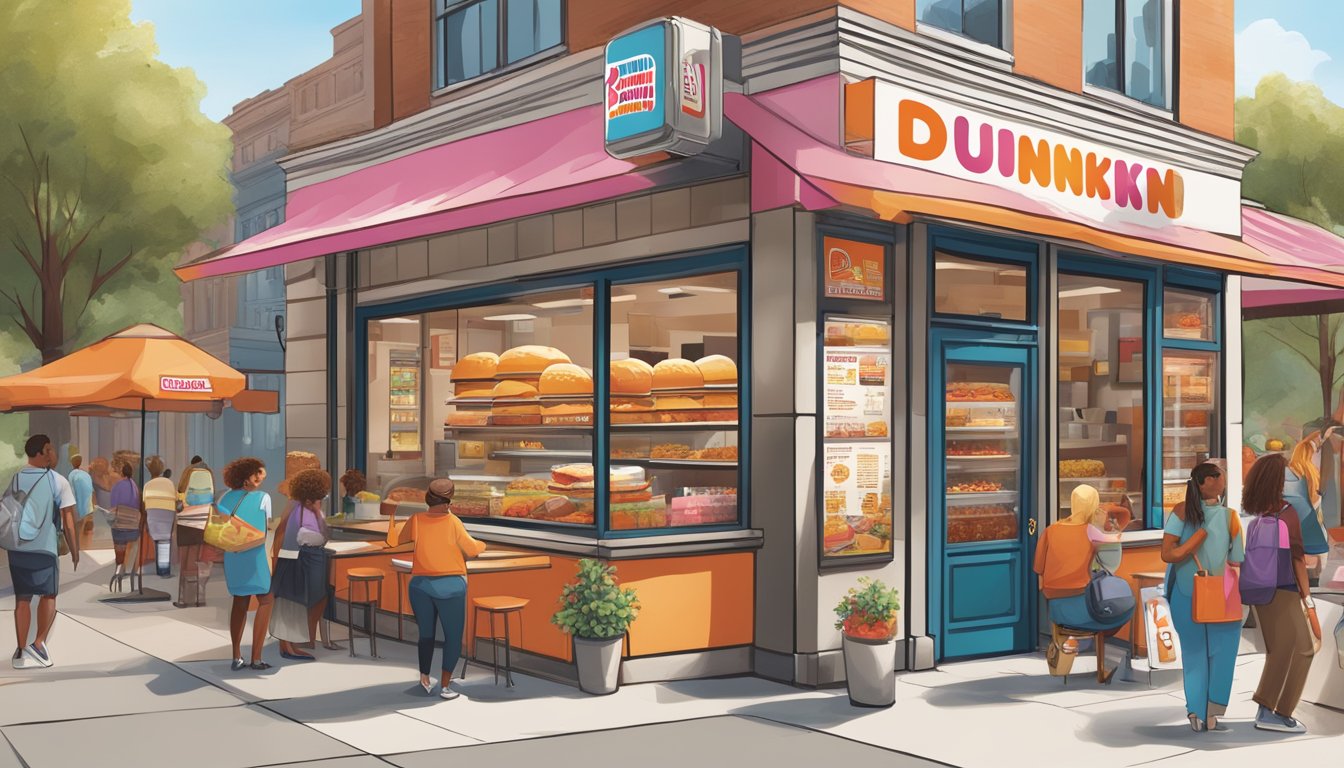 A bustling Dunkin' store with diverse breakfast menu items displayed, surrounded by local landmarks and cultural symbols. Outdoor signage promotes the localization efforts