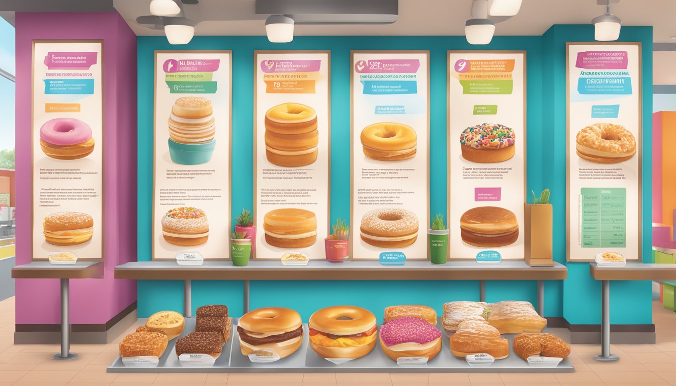 A colorful display of nutritional information charts and fresh breakfast foods at a Dunkin' Donuts store, highlighting transparency and health-conscious choices