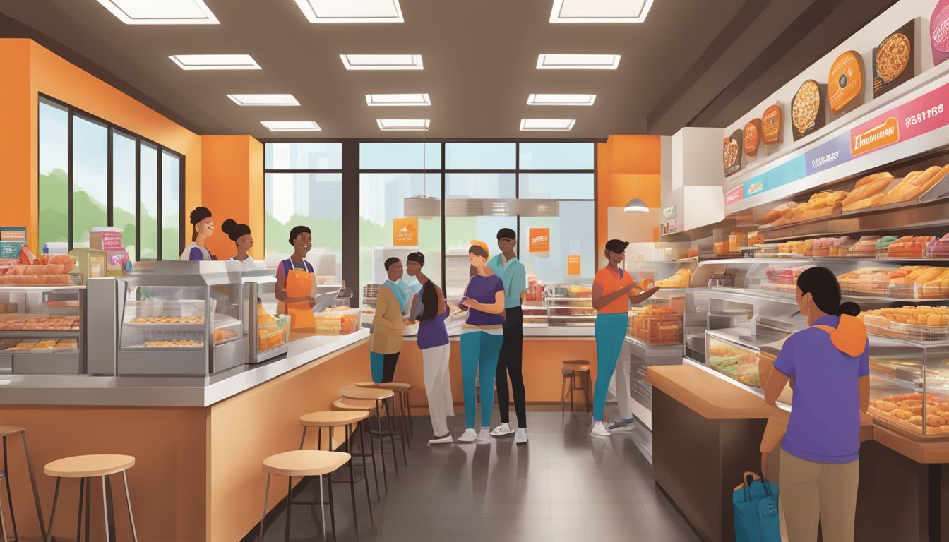 A bustling Dunkin' store with diverse breakfast items displayed, regional decor, and engaged customers interacting with staff