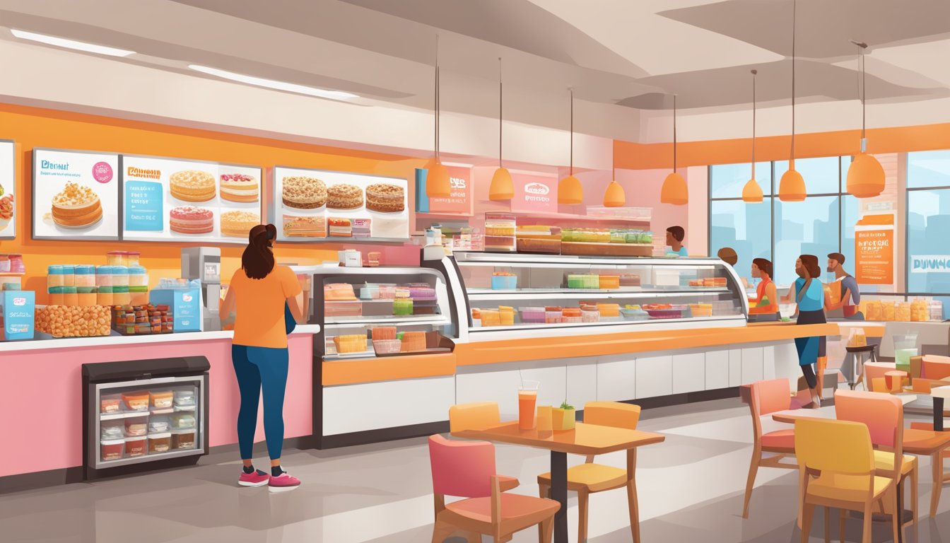 A bustling Dunkin' store with a variety of healthy breakfast options displayed, including oatmeal, yogurt parfaits, and fruit smoothies