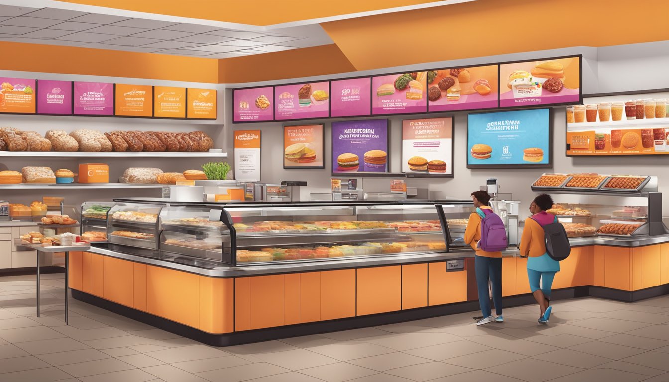 A bustling Dunkin' store with diverse breakfast items and regional flavors on display, reflecting the brand's efforts in localizing its menu for a unique culinary experience