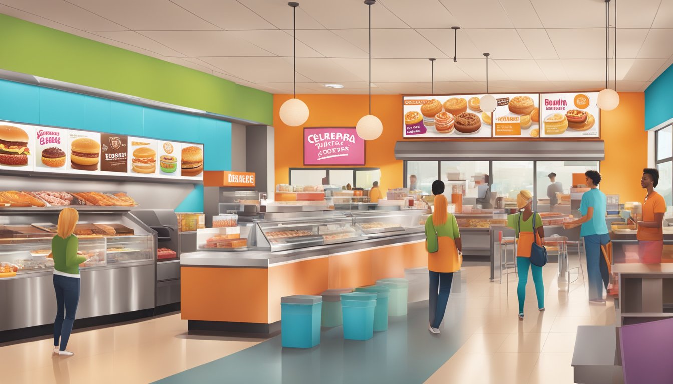 A bustling Dunkin' store with colorful signage and displays of fresh, innovative breakfast items, reflecting the changing health trends and regional flavors