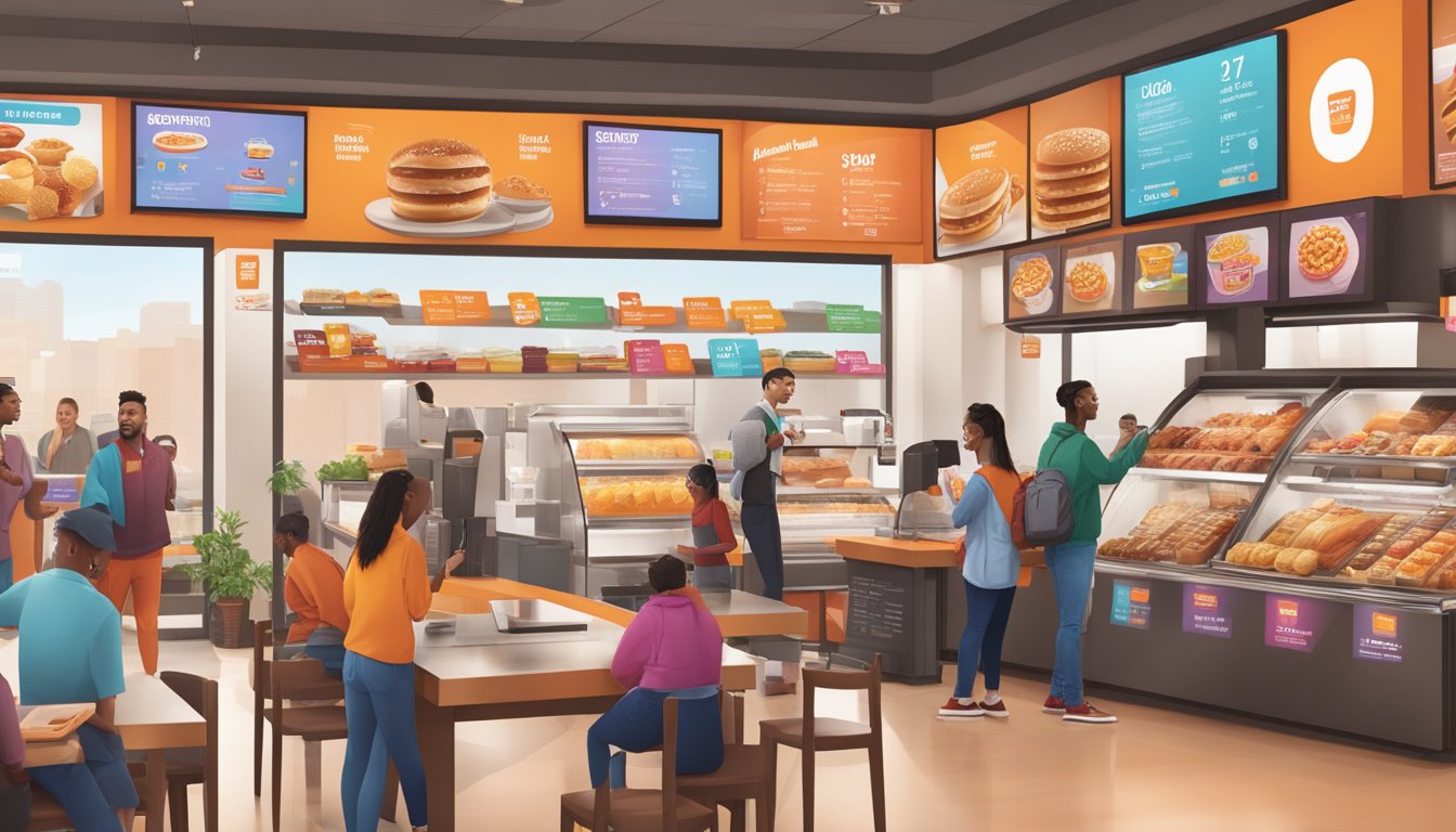 A bustling Dunkin' store with diverse breakfast items displayed on digital menu boards, while staff members engage with customers in multiple languages