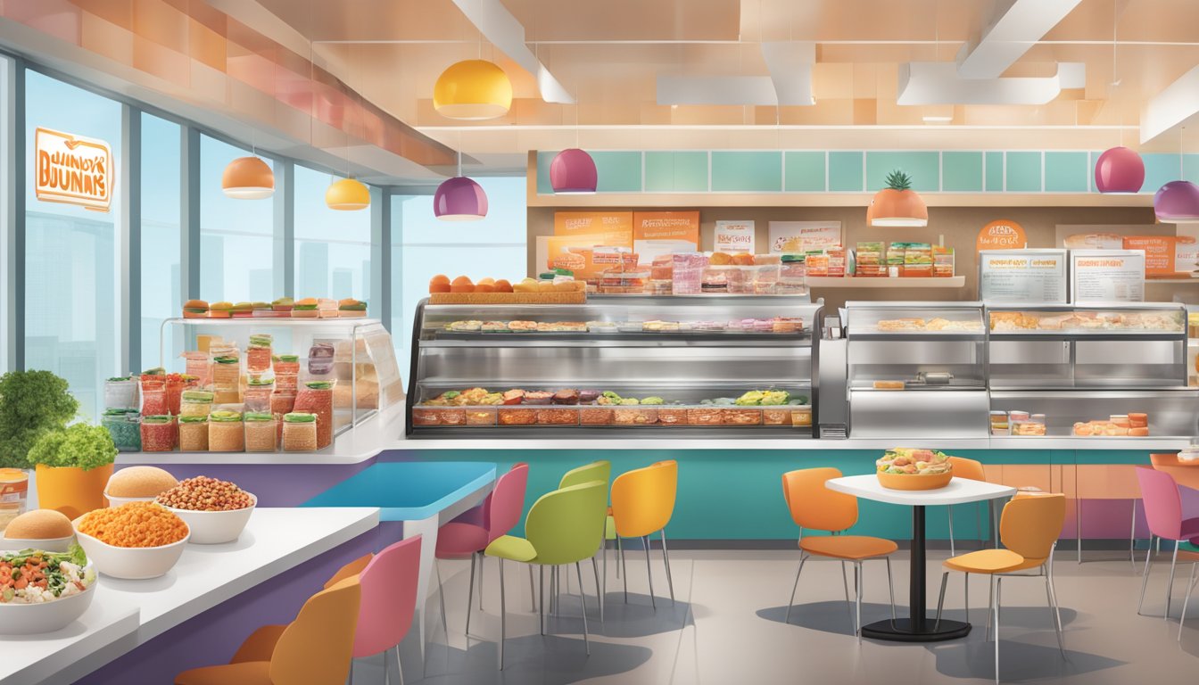 A bustling breakfast cafe with a variety of fresh, colorful and nutritious food options on display, alongside signage promoting Dunkin's health-conscious initiatives