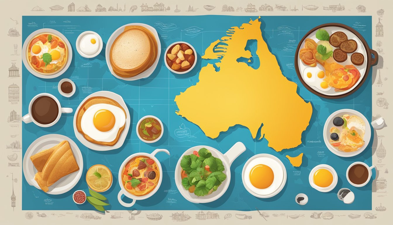 A breakfast menu featuring diverse international dishes displayed on a map backdrop with cultural icons