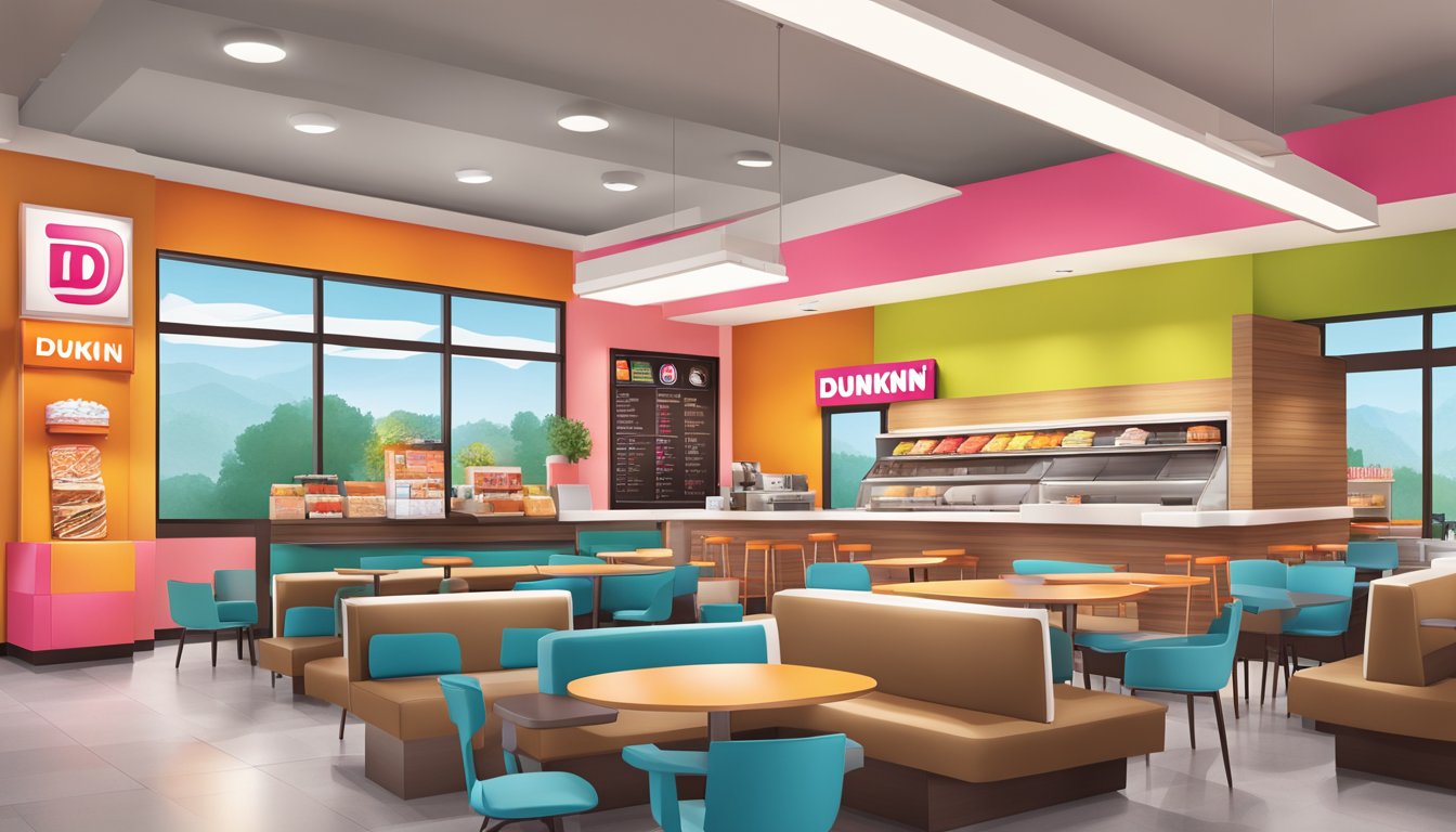 A modern and inviting Dunkin' store with sleek furniture, vibrant colors, and a welcoming atmosphere