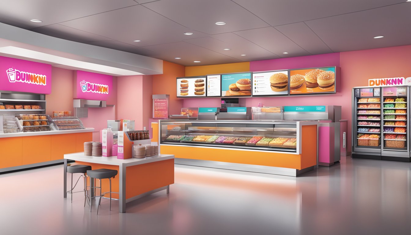 A modern Dunkin' store with sleek, minimalist design, vibrant color scheme, and inviting atmosphere, featuring innovative menu offerings and digital ordering kiosks