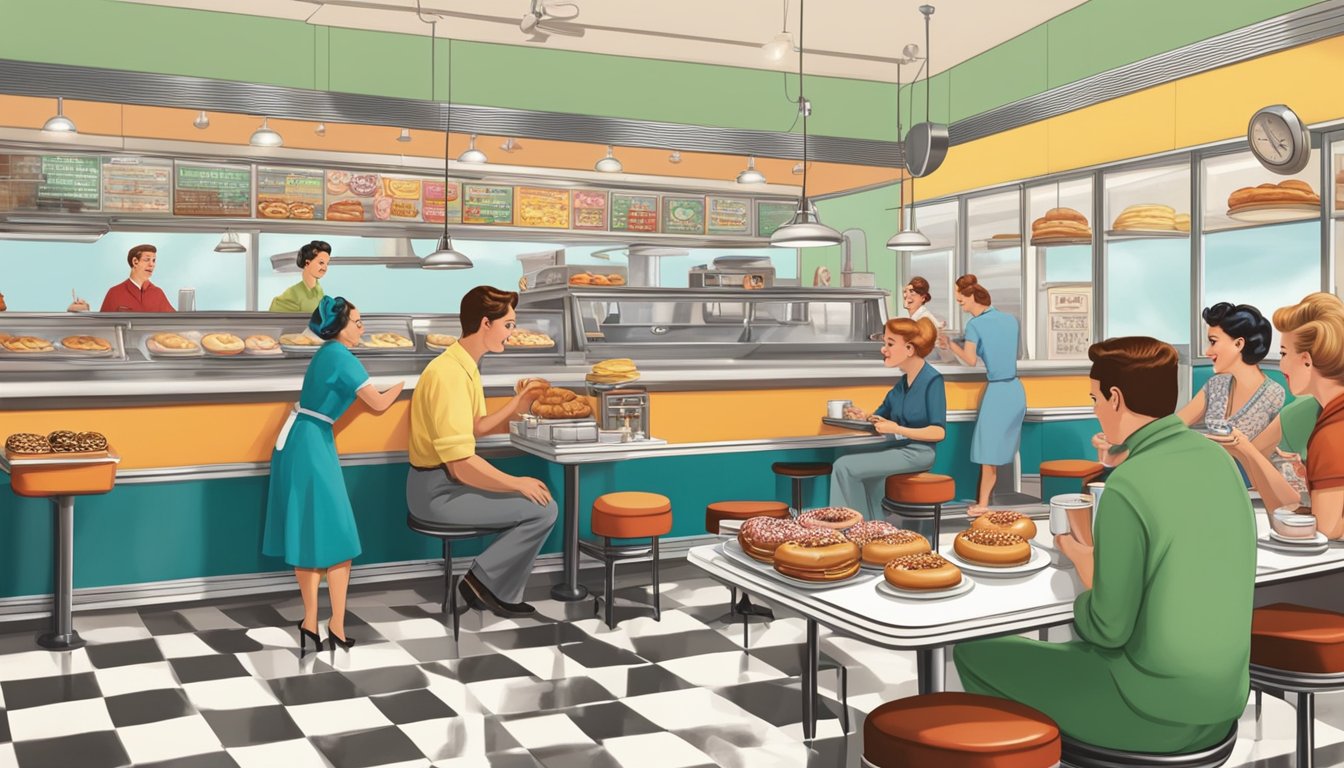 A bustling 1950s diner with a counter full of freshly baked donuts and bagels, customers enjoying their treats with steaming cups of coffee