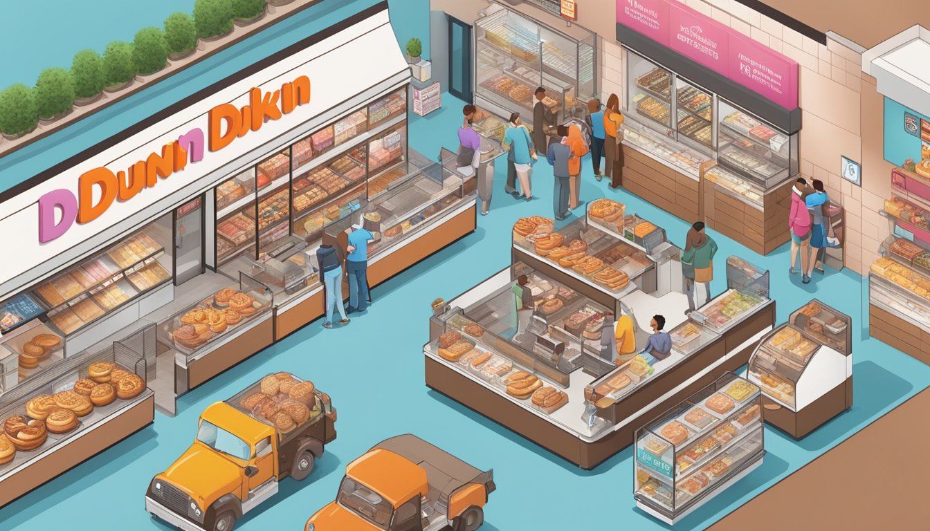 A bustling Dunkin' store with a line of customers, a display of bagels, and a map showing the expansion of franchises