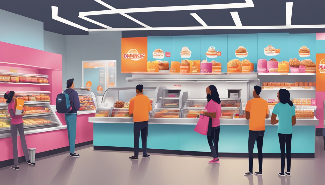 A bustling Dunkin' store with new, vibrant breakfast packaging displayed on shelves, customers lined up at the counter, and staff busy behind the counter