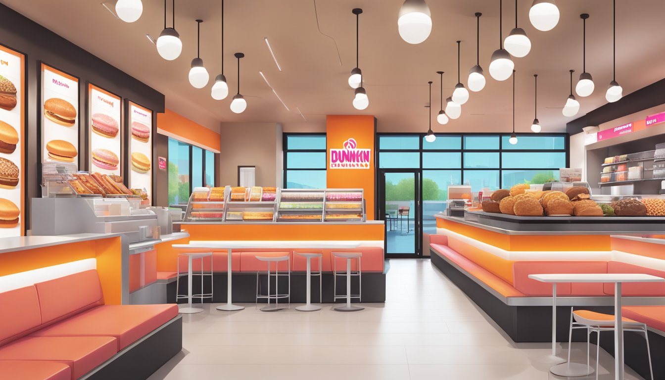 A modern Dunkin' store with sleek, minimalist design, bright lighting, and comfortable seating. The atmosphere is inviting and energetic, with a focus on convenience and a welcoming environment