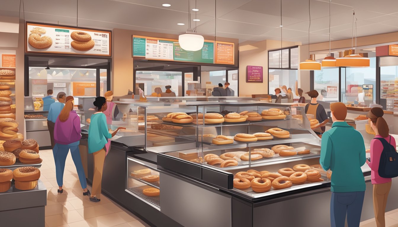 A bustling Dunkin' store with a display of freshly baked bagels, customers eagerly ordering and enjoying the new menu addition