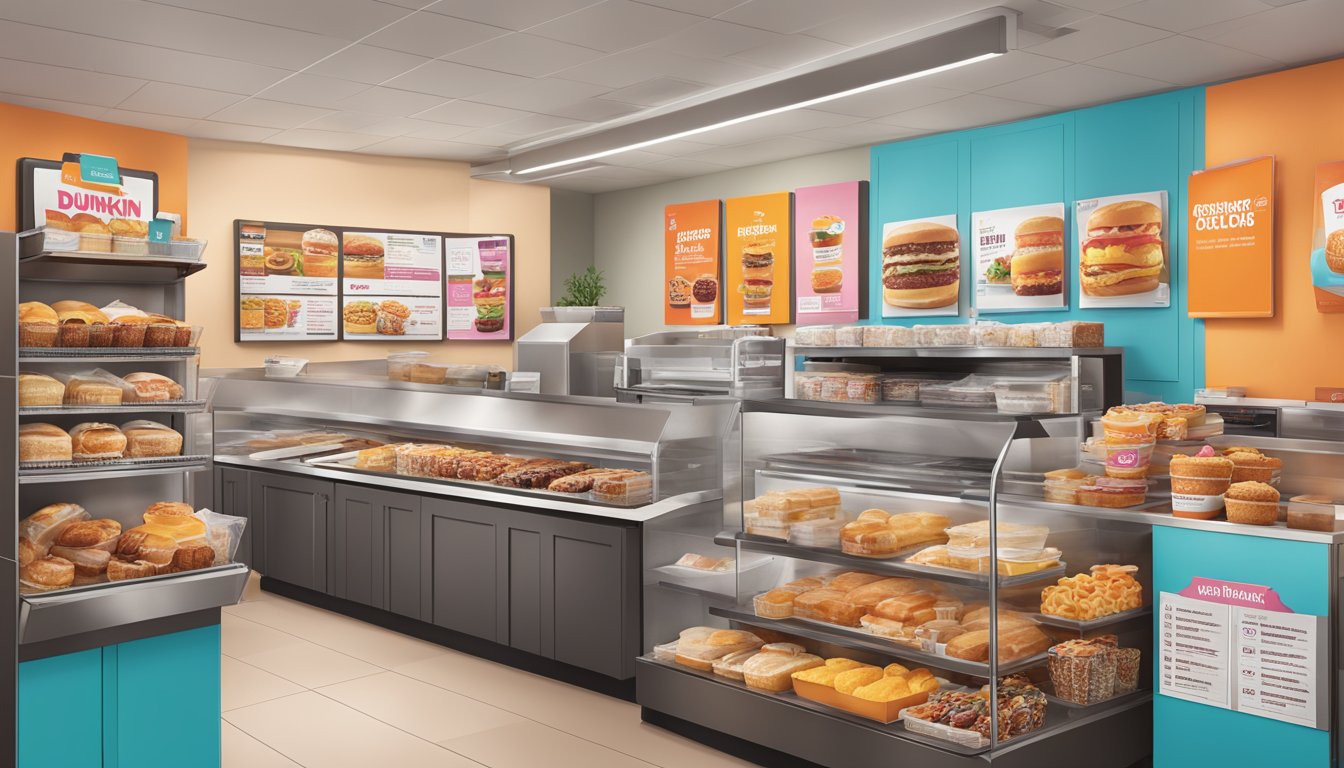 A bustling Dunkin' store with a variety of breakfast items displayed in innovative packaging, alongside a menu board showcasing new menu options