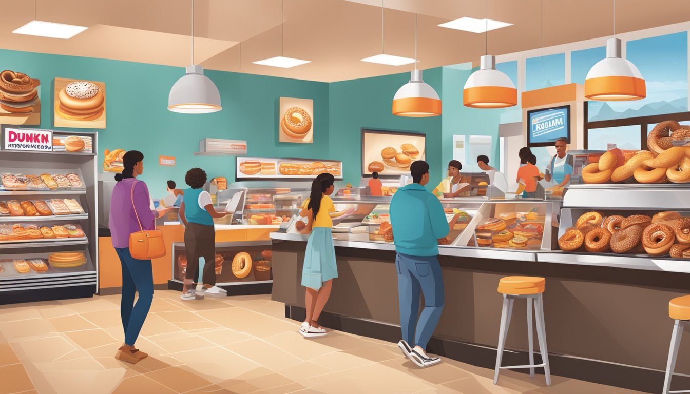 A bustling Dunkin' store with a display of various bagels and customers enjoying their favorite breakfast items