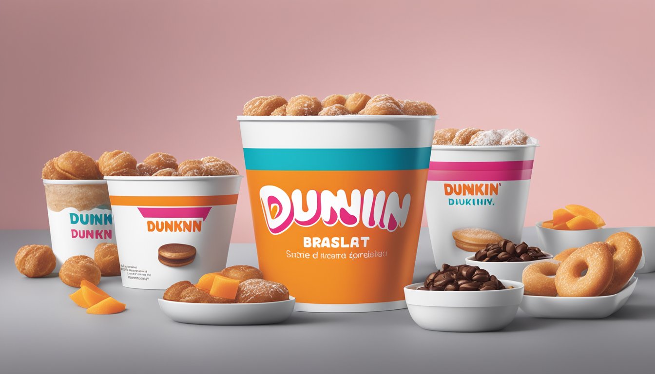 A modern, sleek breakfast packaging design featuring Dunkin's logo and colors, with emphasis on quality and customer preferences