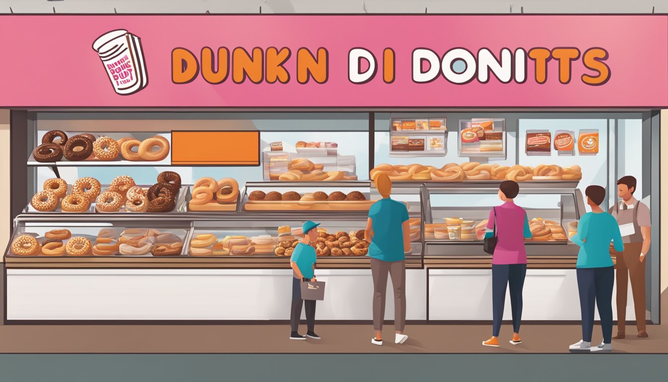 A bustling Dunkin' Donuts store with a display of various bagels and a line of customers eagerly waiting to order. The store's logo and branding prominently displayed