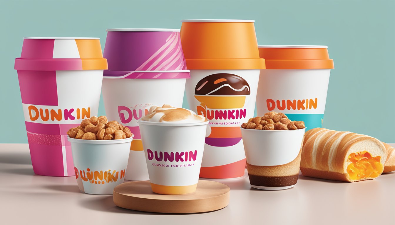 A modern, sleek Dunkin' breakfast packaging design featuring the iconic logo and vibrant colors, with a focus on eco-friendly materials and digital integration