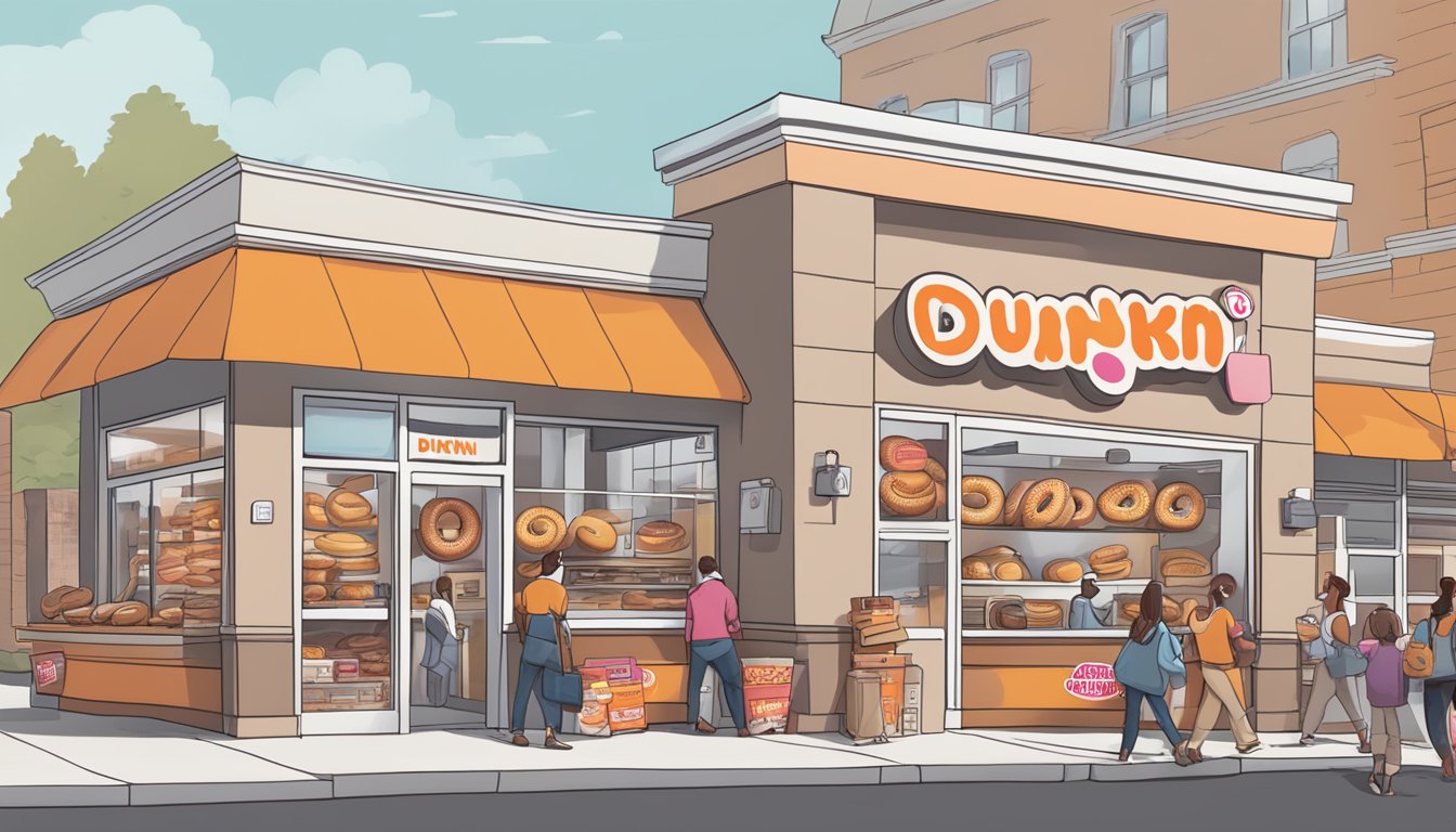 A bustling Dunkin' store with a display of bagels and a sign detailing the history and impact of Dunkin's bagel introduction