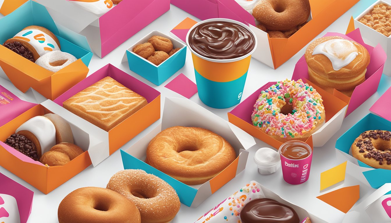 A colorful array of Dunkin's breakfast packaging designs through the years, showcasing the evolution of design elements and their impact