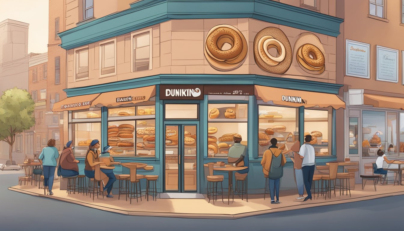 A bagel shop with a timeline of Dunkin's history on the wall, bagels on display, and customers enjoying their bagels and coffee