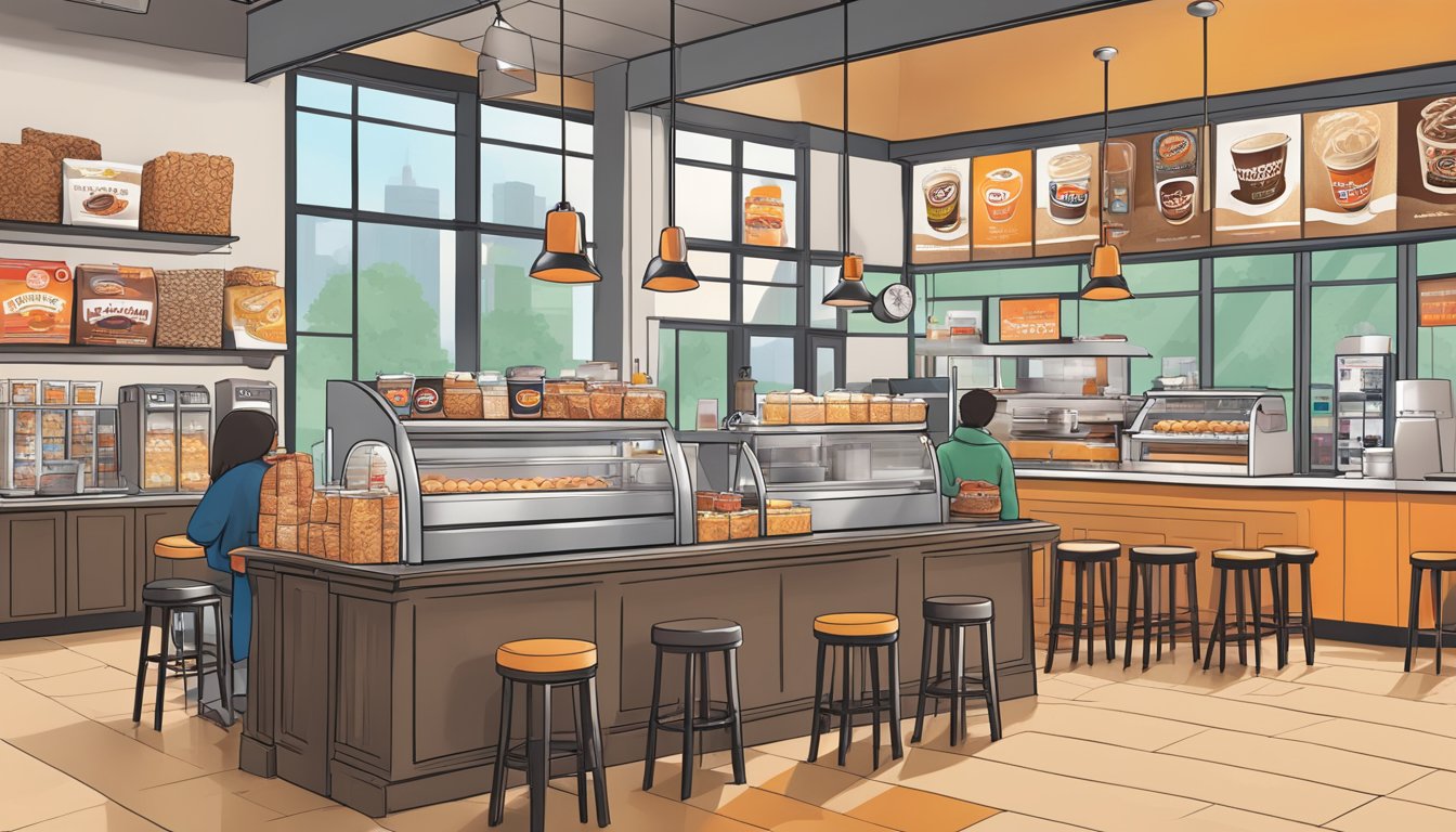 A bustling coffee shop with various chain logos visible, showcasing Dunkin's breakfast packaging evolution