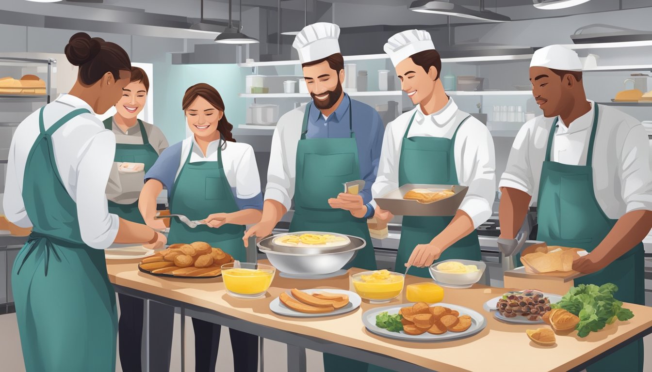 A group of employees gather around a demonstration station, learning how to prepare and serve breakfast items with hands-on training and guidance from a knowledgeable instructor