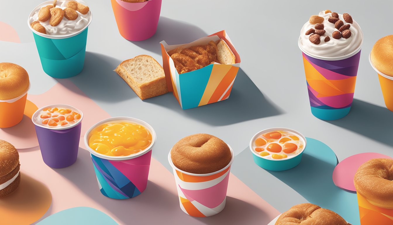 A modern, sleek Dunkin' breakfast packaging design featuring bold colors and clean lines, with a focus on sustainability and convenience