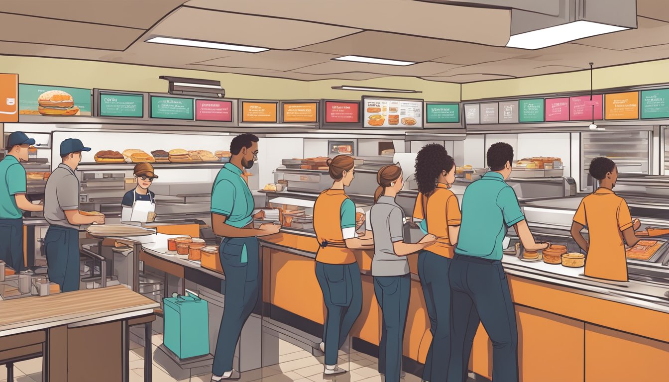 A bustling Dunkin' restaurant with employees engaged in hands-on training for breakfast service, focusing on customer interaction and efficient order fulfillment