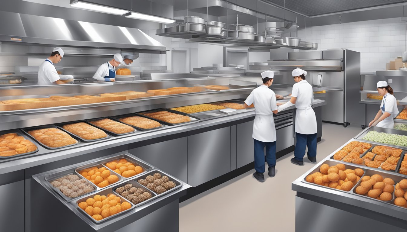 A bustling Dunkin' kitchen with staff diligently inspecting and handling fresh ingredients, while quality control measures are visibly in place throughout the process