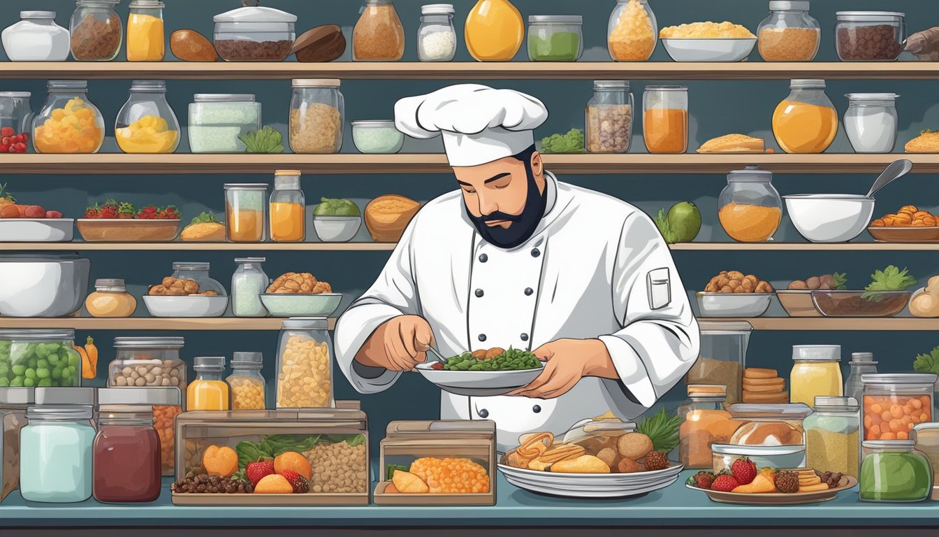 A chef carefully inspects and samples a variety of breakfast items, surrounded by shelves of fresh ingredients and quality control equipment