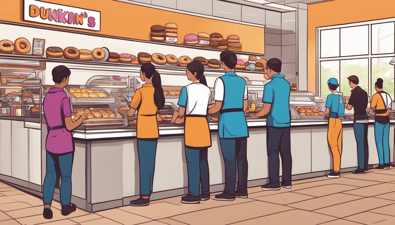 A bustling Dunkin' Donuts store with employees diligently preparing and serving breakfast items while adhering to strict food safety and quality control measures